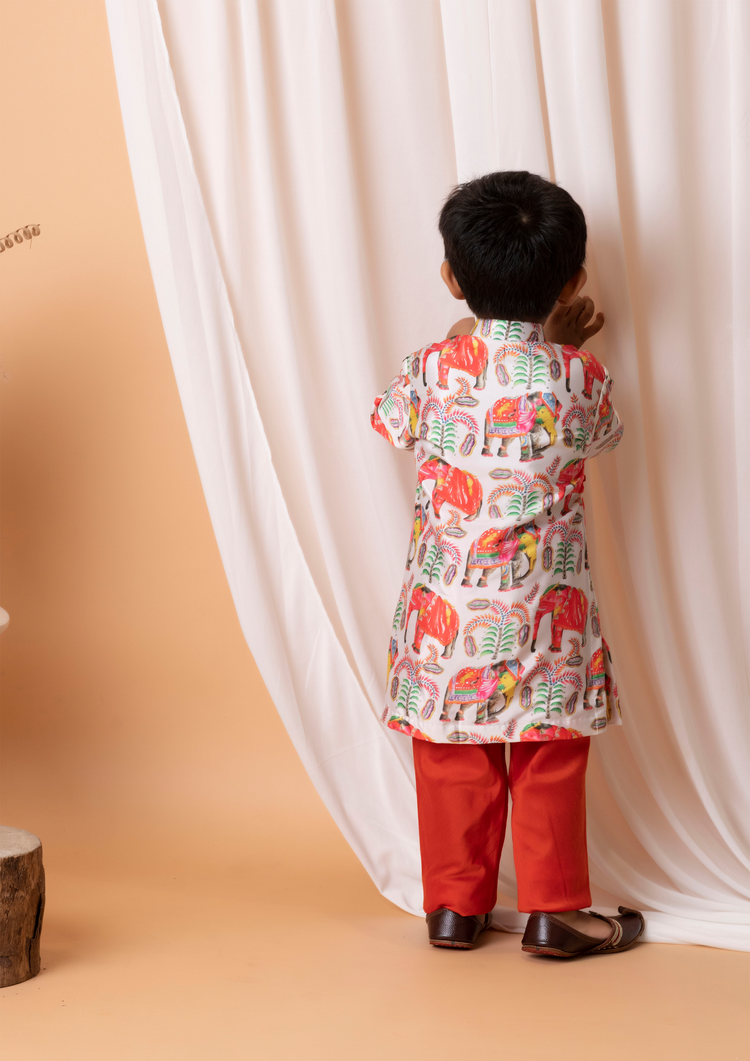 Orange Elephant Kurta Set