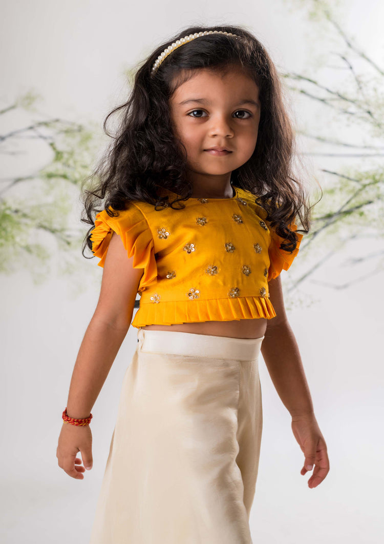 Yellow Embroidered Top with Beige Palazzo Set