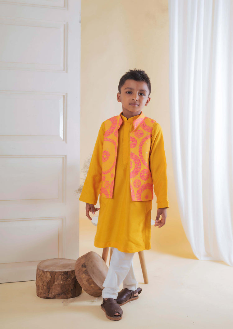 Yellow Pink Bandhej Nehru With Kurta Set
