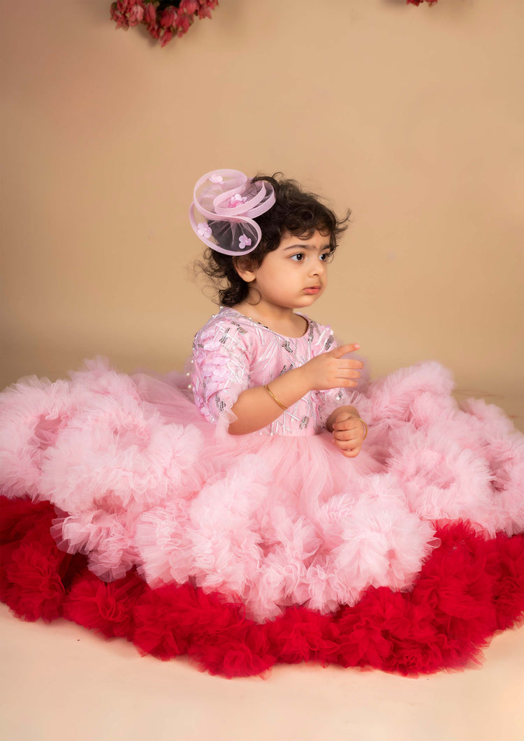 Pink Wine 3d Flower Ruffled Gown