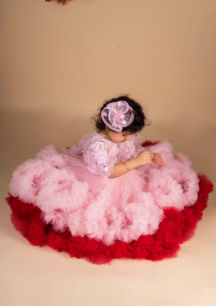 Pink Wine 3d Flower Ruffled Gown
