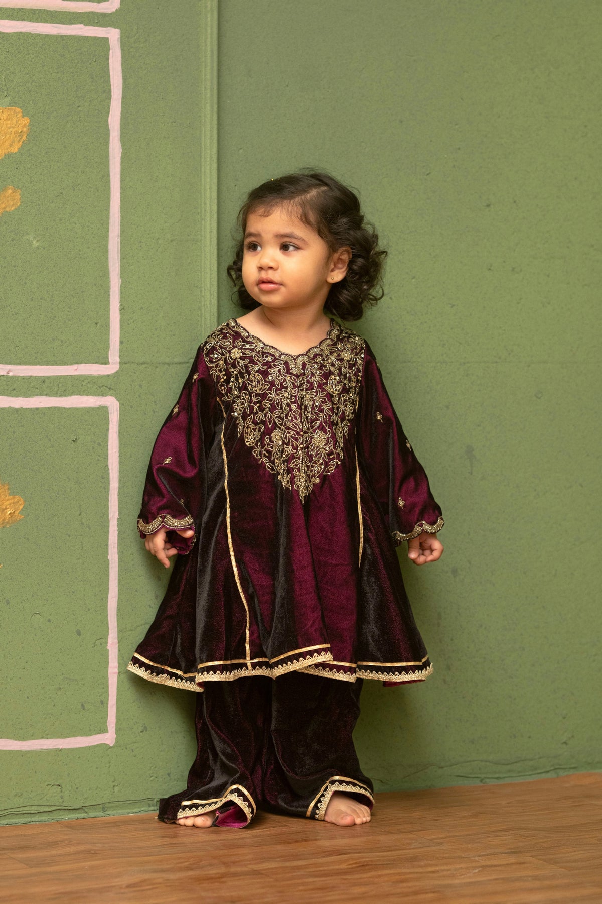 Wine Velvet Embroidered Pant Set