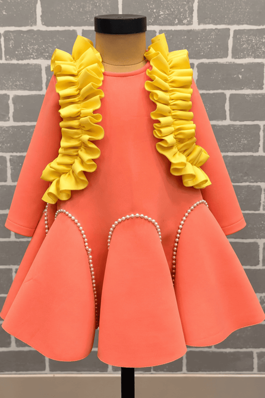 Peach Neoprene A-Line Dress with a Pattern