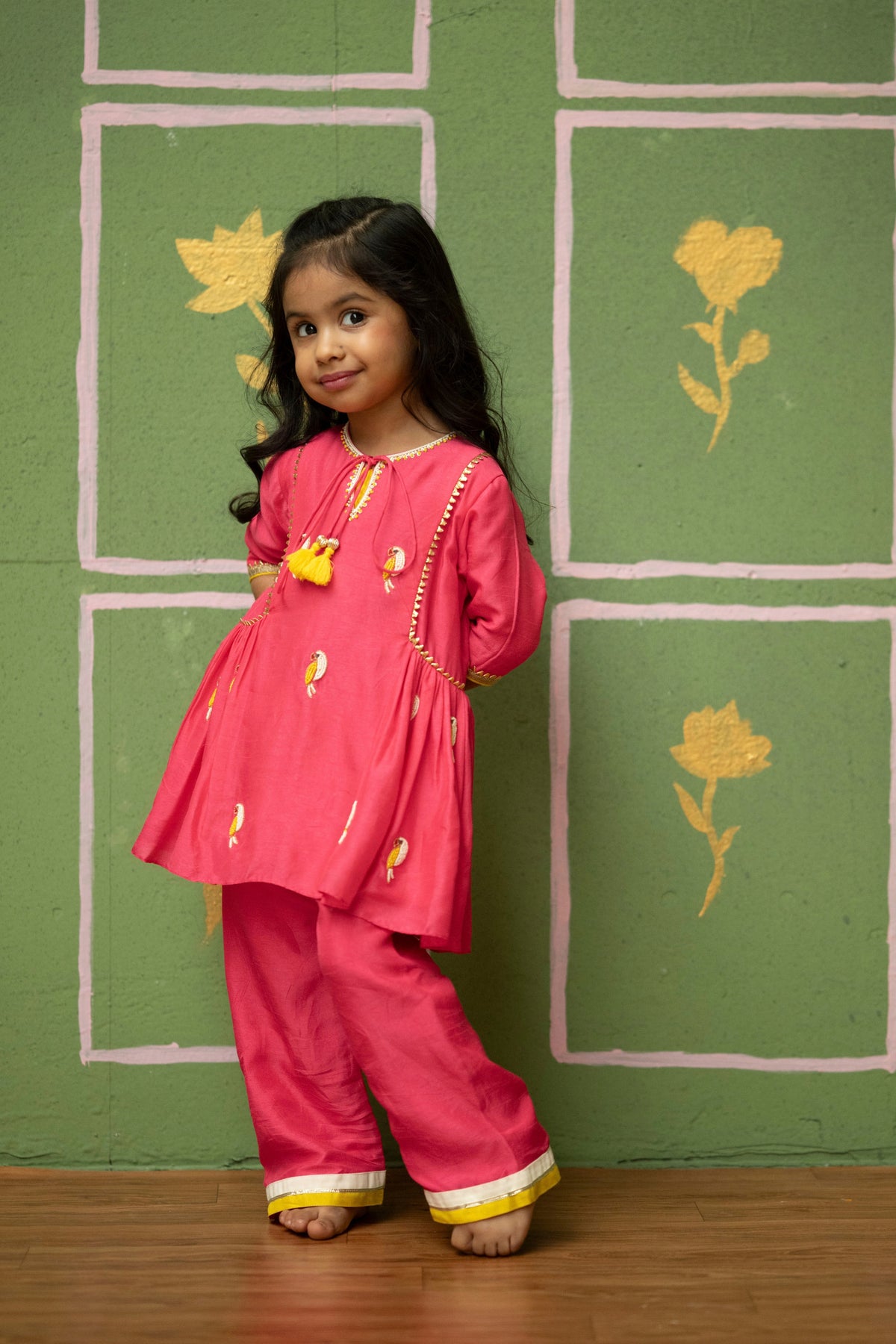 Pink Bird Embroidered Pant Set