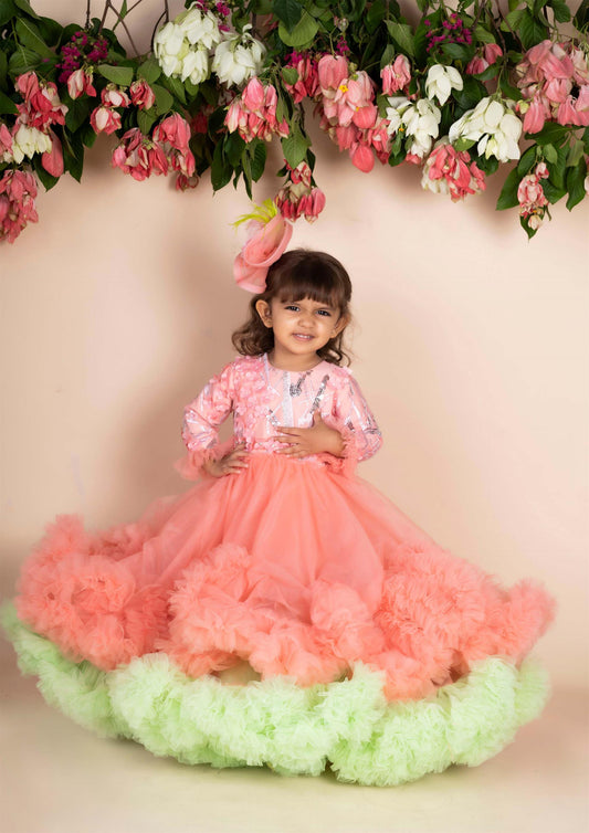 3d Flower Peach Green Ruffled Gown