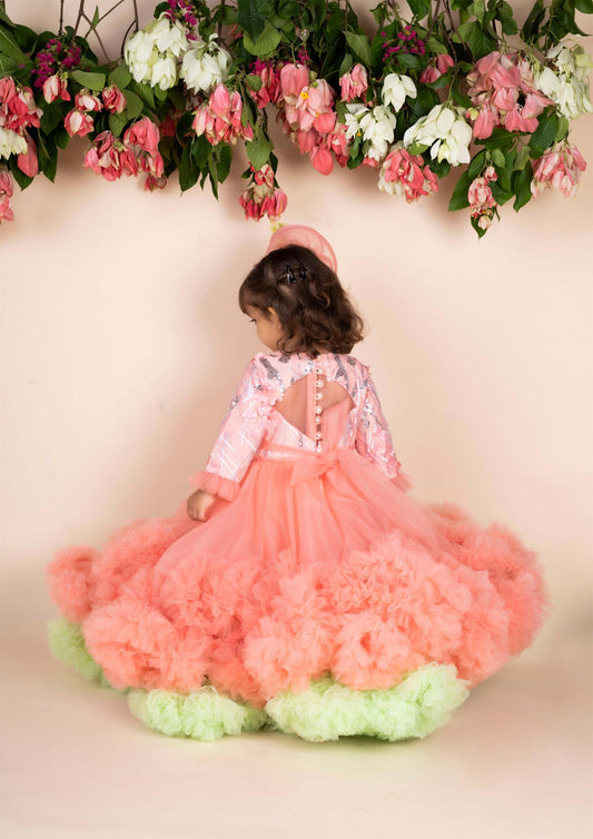 3d Flower Peach Green Ruffled Gown