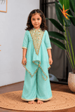 Blue V Neck Embroidered Asymmetrical Kurti Palazzo Set
