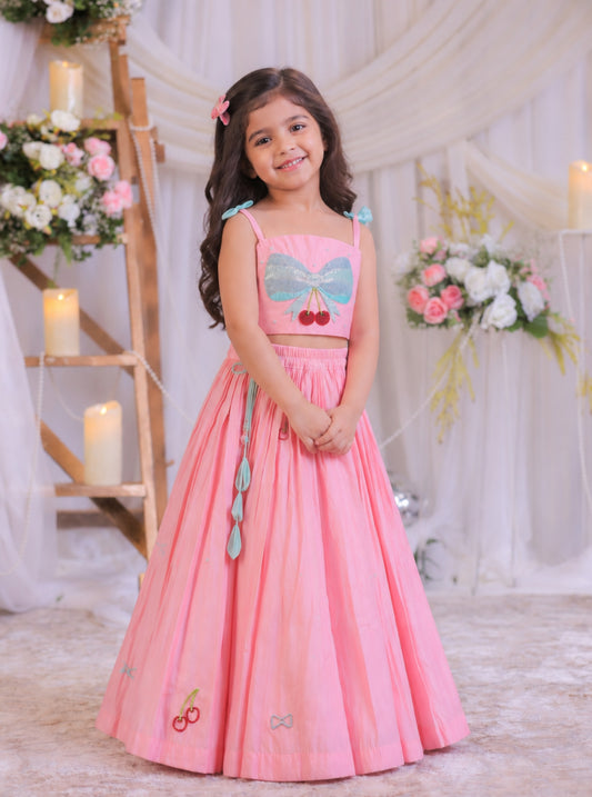 Peach Embroidered Silk Top With Lehenga