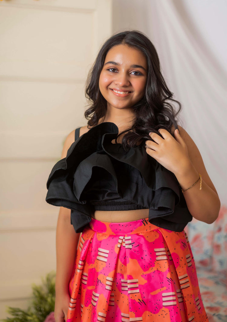 Black Layer Top With Candy Printed Skirt