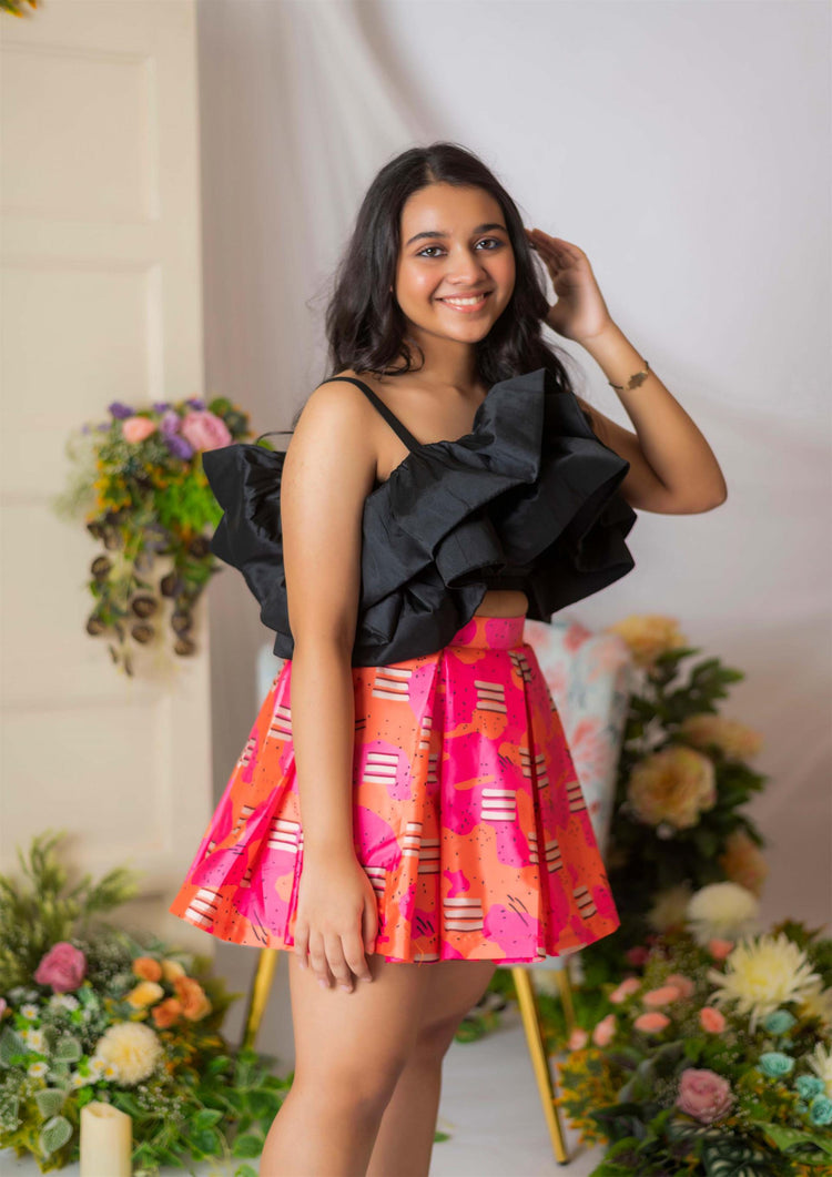 Black Layer Top With Candy Printed Skirt