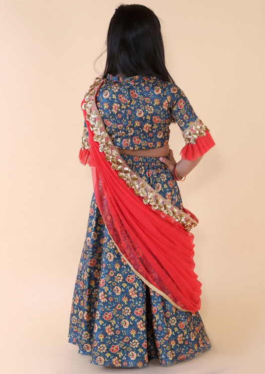 Blue Floral Print Ghaghra Set