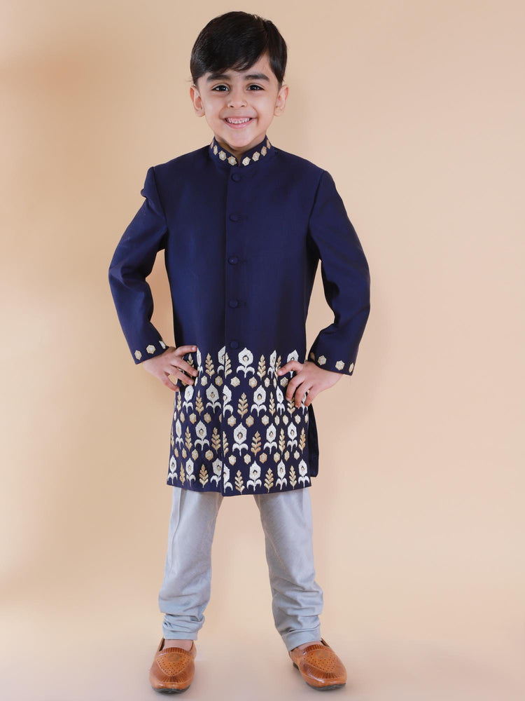 Blue Embroidered Ikkat Achkan Set