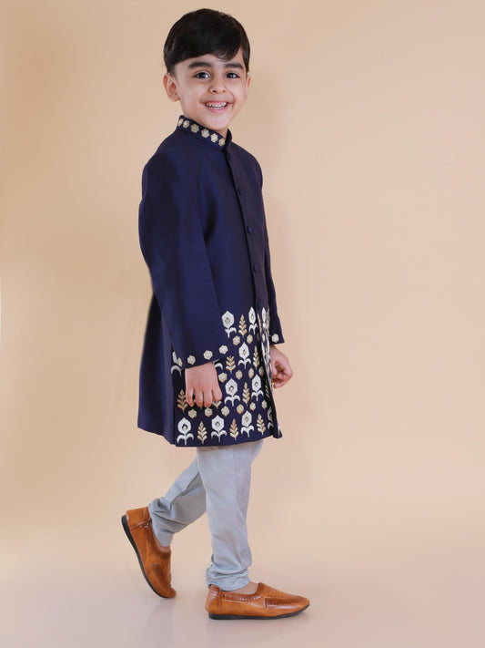 Blue Embroidered Ikkat Achkan Set