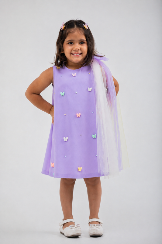 LILAC BUTTERFLY DRESS WITH A CUTE BOW ON THE SHOULDER