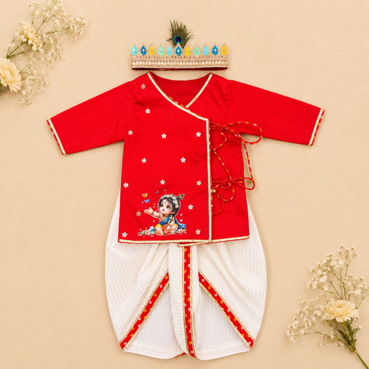 Red and White Krishna Printed Outfit with Mukut and Basuri