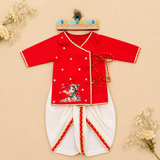 Red and White Krishna Printed Outfit with Mukut and Basuri