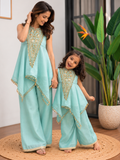 Blue V Neck Embroidered Asymmetrical Kurti Palazzo Set