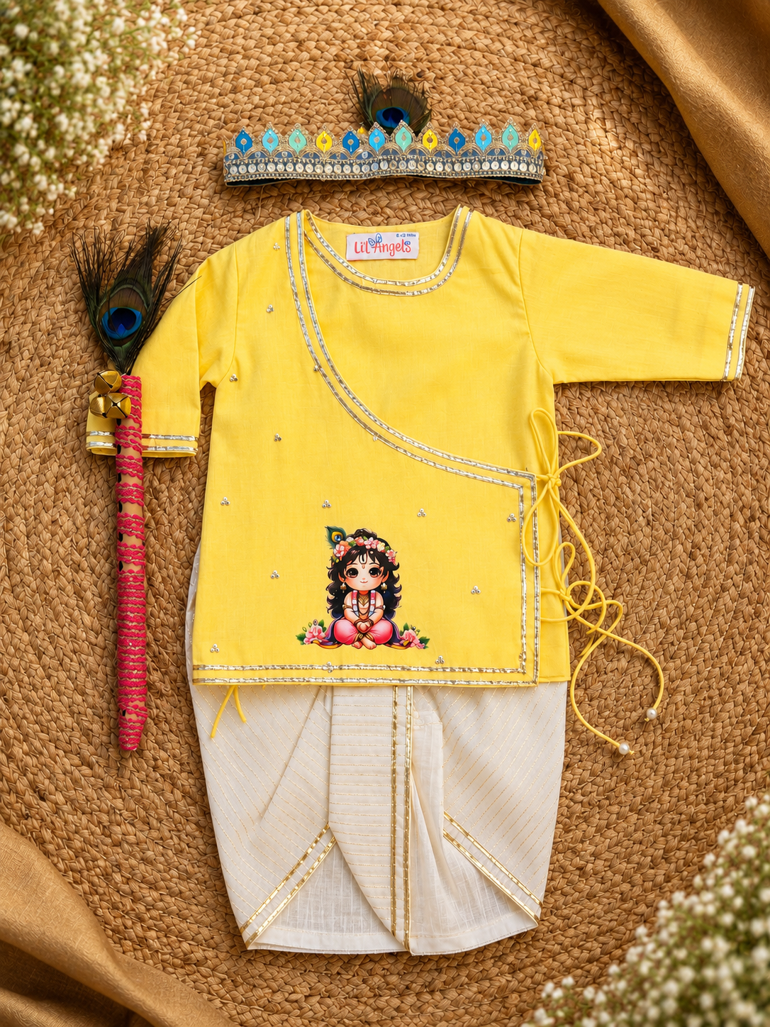 Yellow White Printed Krishna Kurta Dhoti