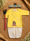 Yellow White Printed Krishna Kurta Dhoti