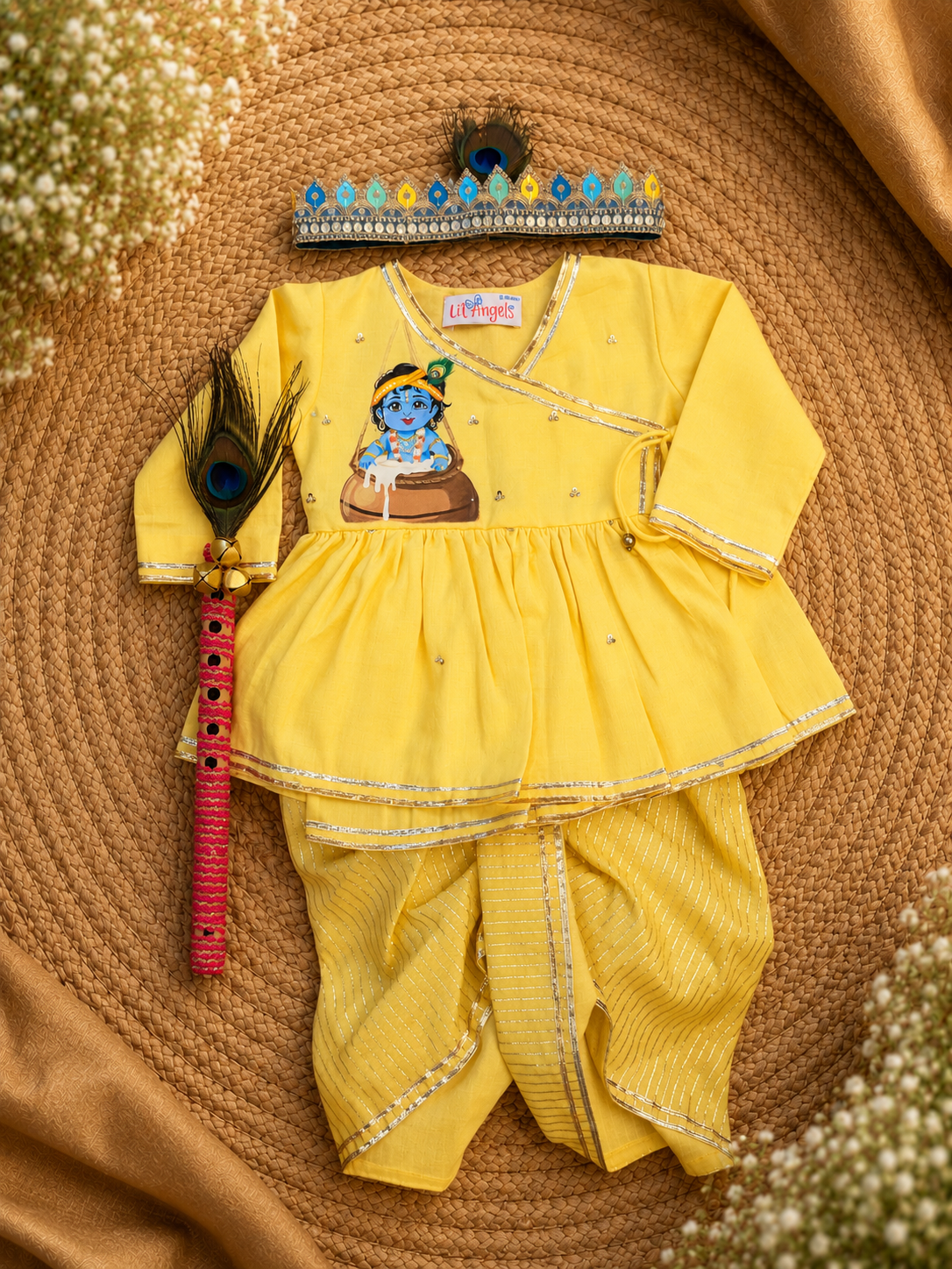 Yellow Handpainted Kanha in Matka Kurta dhoti