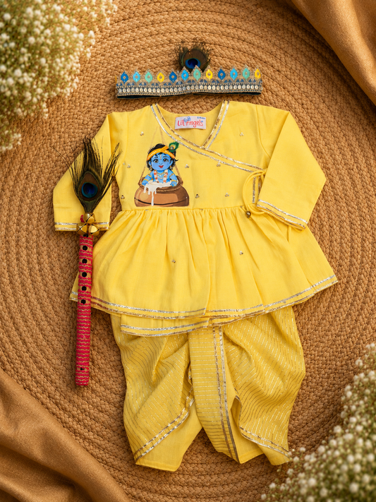 Yellow Handpainted Kanha in Matka Kurta dhoti