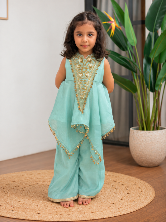 Blue V Neck Embroidered Asymmetrical Kurti Palazzo Set