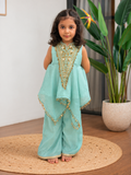 Blue V Neck Embroidered Asymmetrical Kurti Palazzo Set