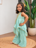 Blue V Neck Embroidered Asymmetrical Kurti Palazzo Set