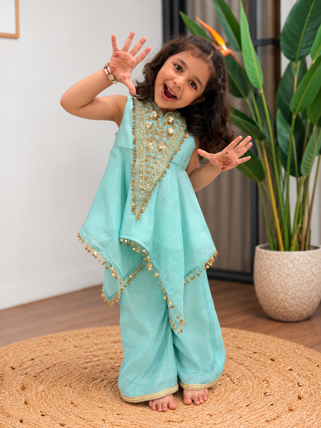 Blue V Neck Embroidered Asymmetrical Kurti Palazzo Set