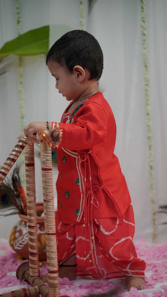 Red Bandhej Morpankh Set