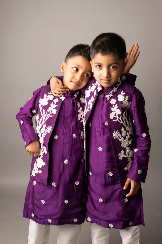 Purple, White Pearl Embroidered Nehru with Kurta Churidaar