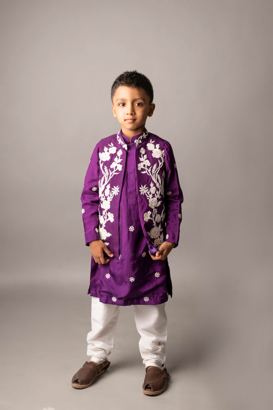 Purple, White Pearl Embroidered Nehru with Kurta Churidaar