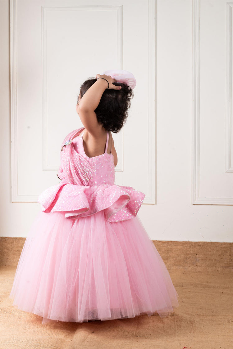 Pink Sequins Draped Butterfly Gown