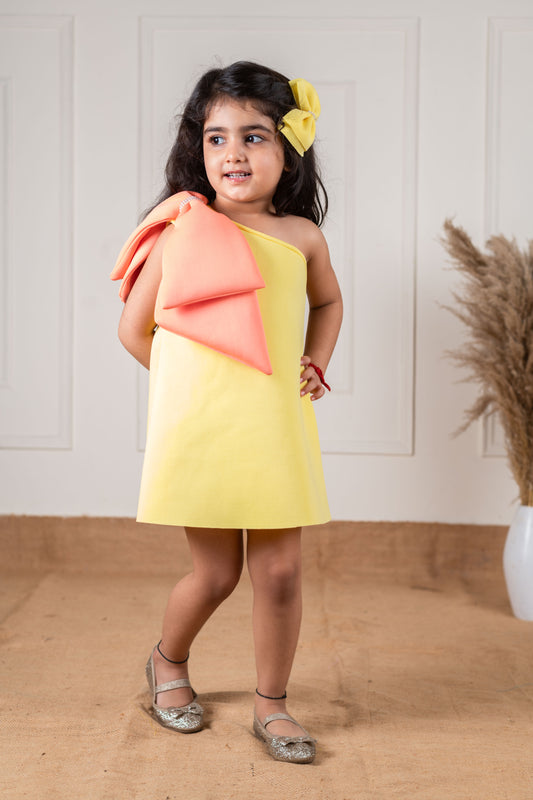 Peach Yellow One Shoulder Bow Dress