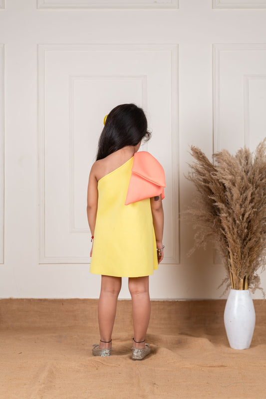 Peach Yellow One Shoulder Bow Dress