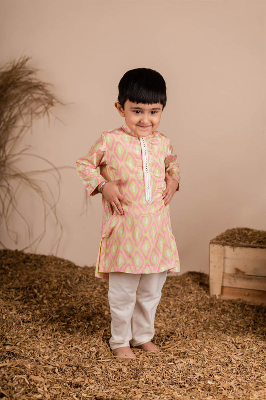 Pink Green Ikkat Print Kurta Set