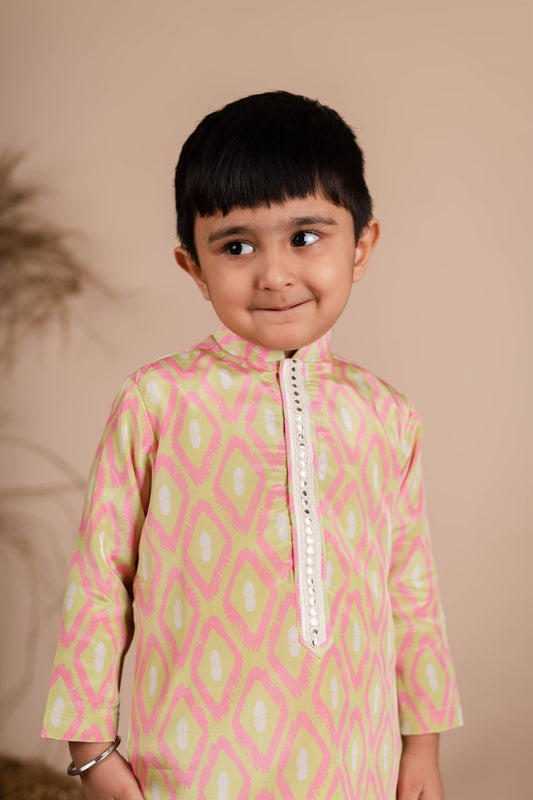 Pink Green Ikkat Print Kurta Set