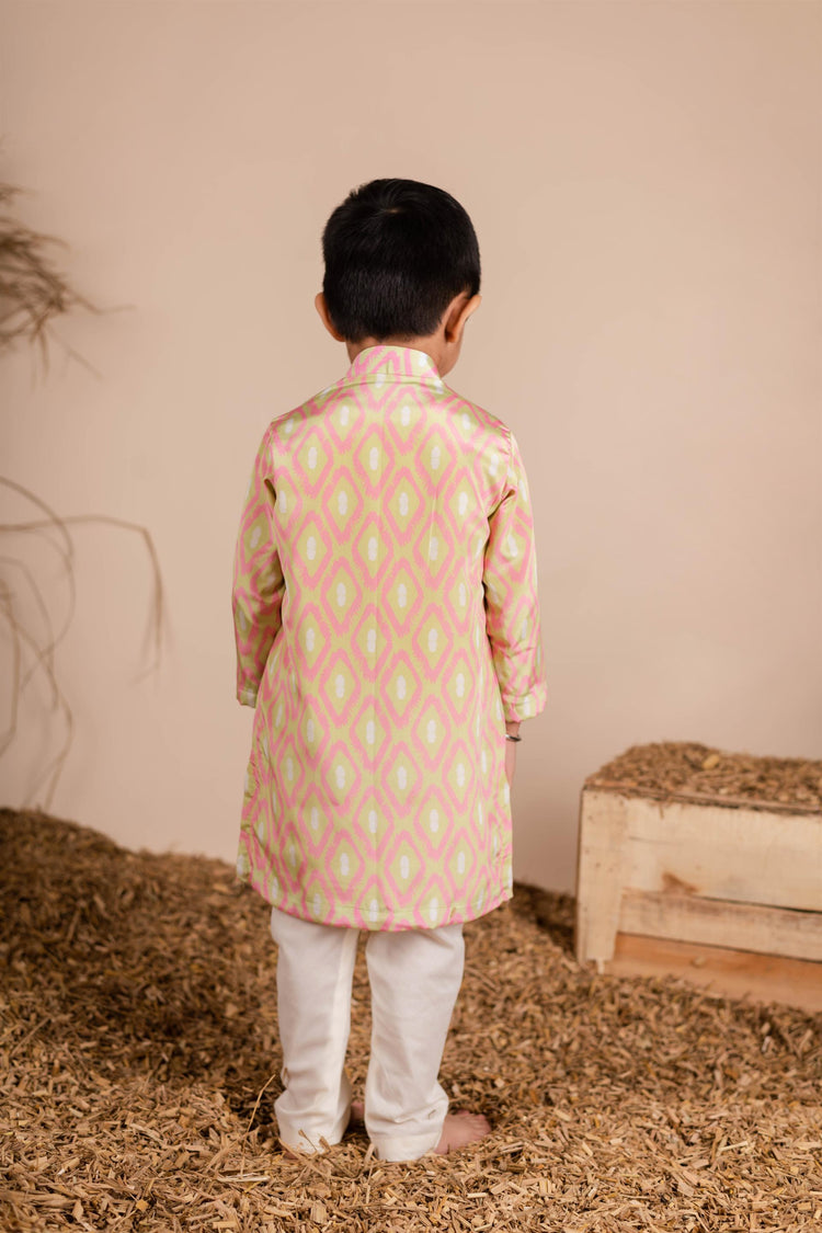 Pink Green Ikkat Print Kurta Set