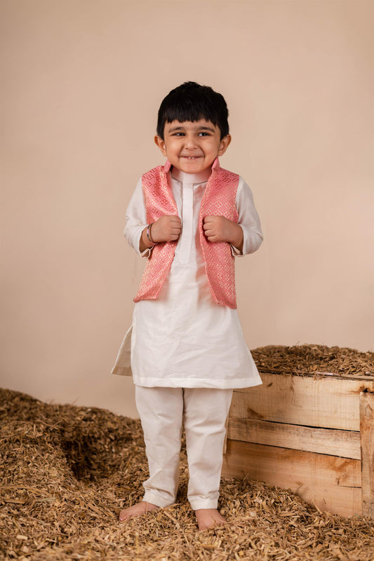 Pink Brocade Nehru Jacket with Kurta Churidaar