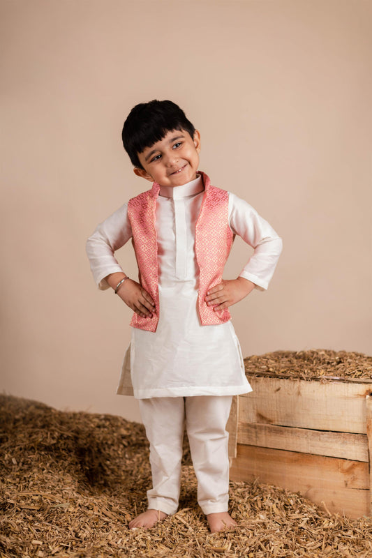 Pink Brocade Nehru Jacket with Kurta Churidaar