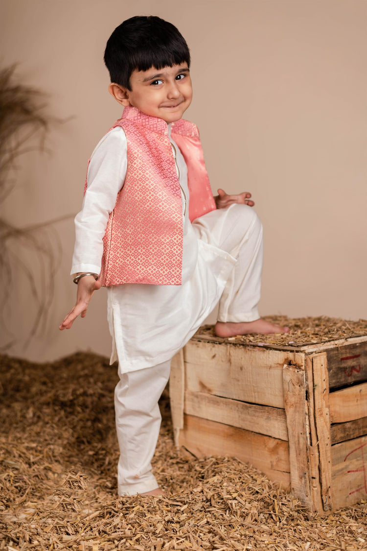 Pink Brocade Nehru Jacket with Kurta Churidaar