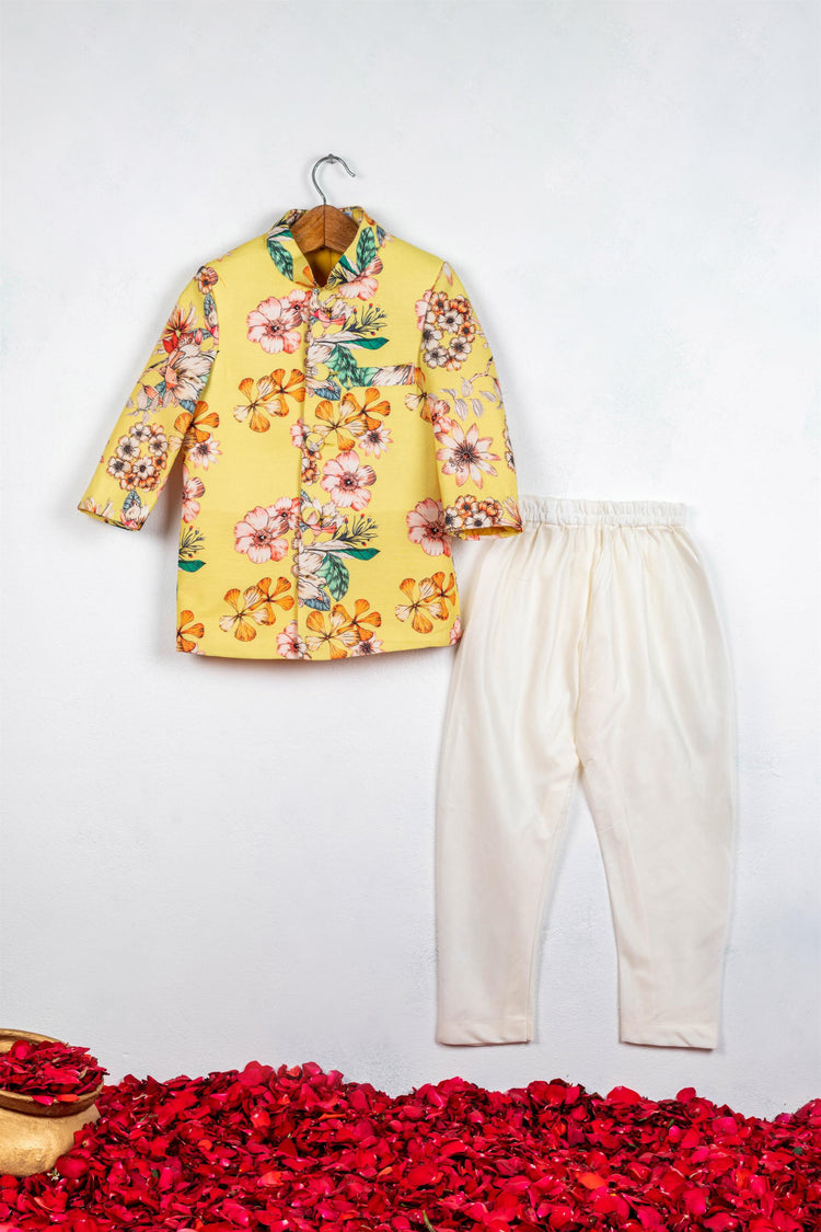 Yellow Floral Printed Sherwani Set