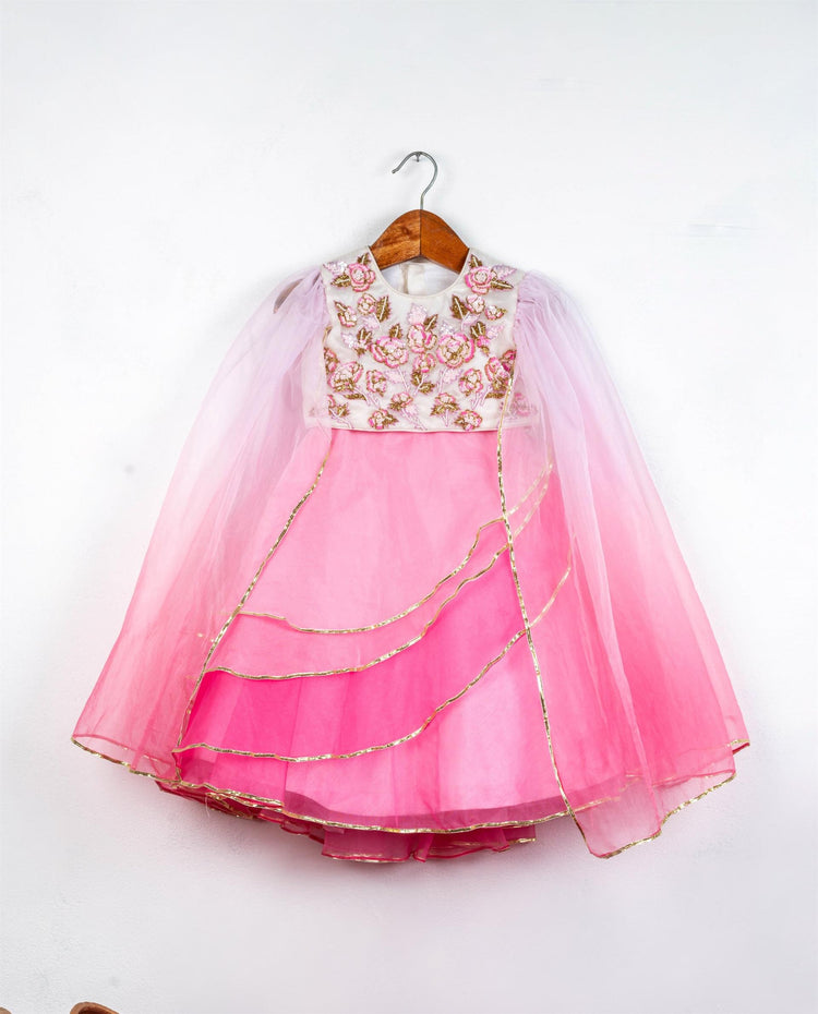 Pink Ombre Shaded Embroidered Flower Ghaghra