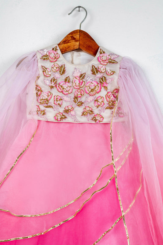 Pink Ombre Shaded Embroidered Flower Ghaghra