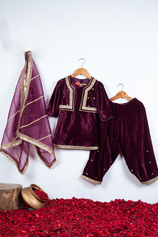 Wine Jacket Style Kurti With Salwar And Dupatta