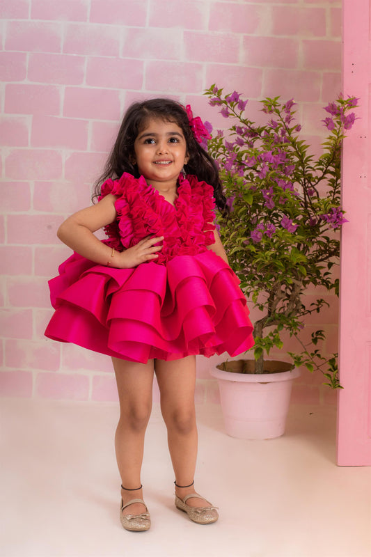 Hot Pink Ruched Ruffle Dress