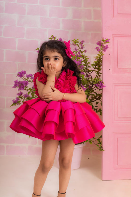 Hot Pink Ruched Ruffle Dress