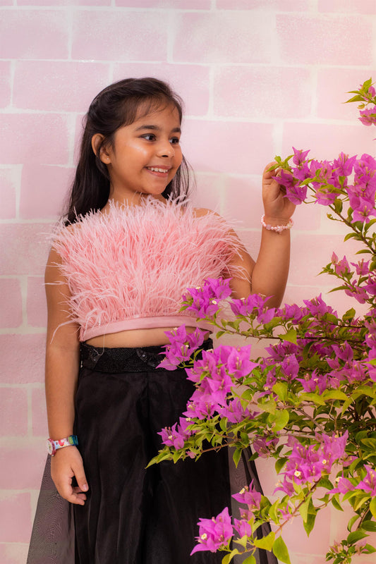 Onion Pink Feather Top With Black Palazzo