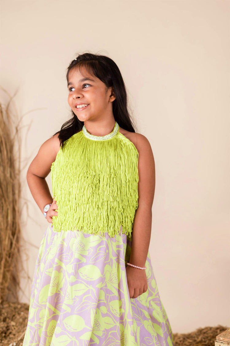 Lilac Green Fringe Ghaghra Set