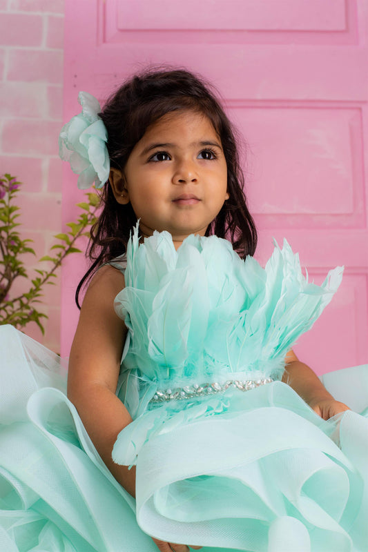 Sea Blue Feather Ruffle Dress